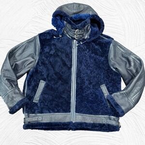 Vintage Timberwear Shearling Coat Men's 4XL Navy Blue Removable Hood Buckle Moto